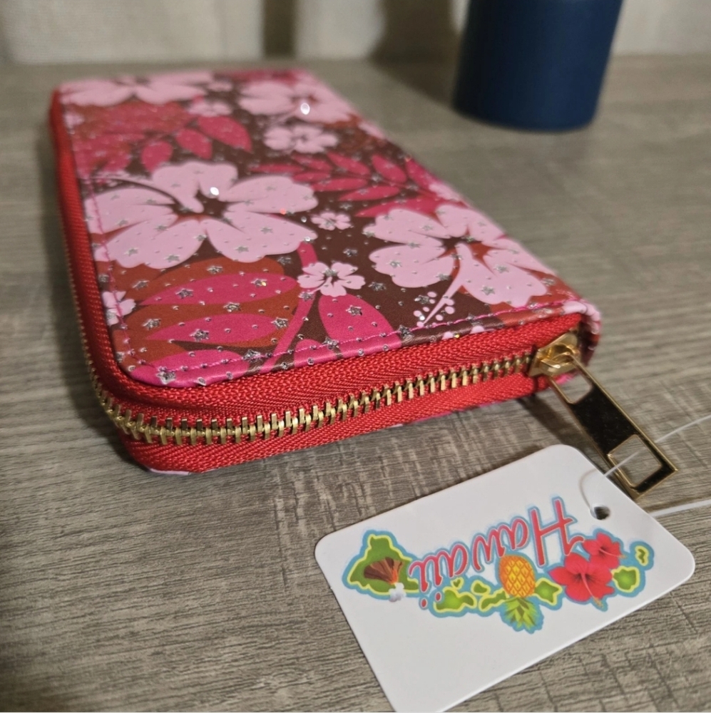 Hawaiian Hibiscus Full Zip Around Wallet Tropical Sparkle NWT - Picture 2 of 7